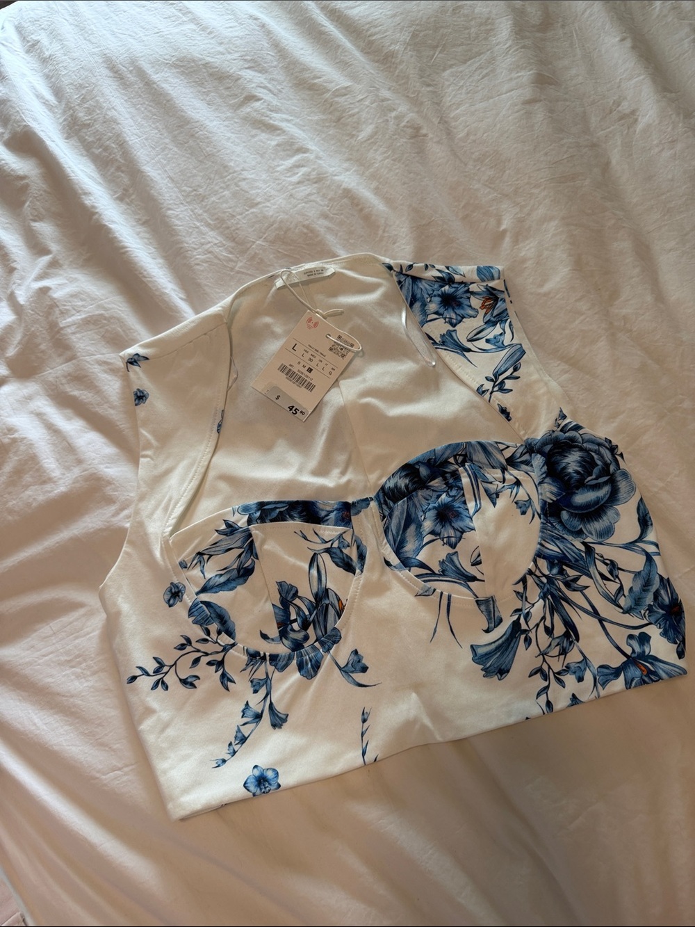 Zara White Crop Top with Blue Floral Print